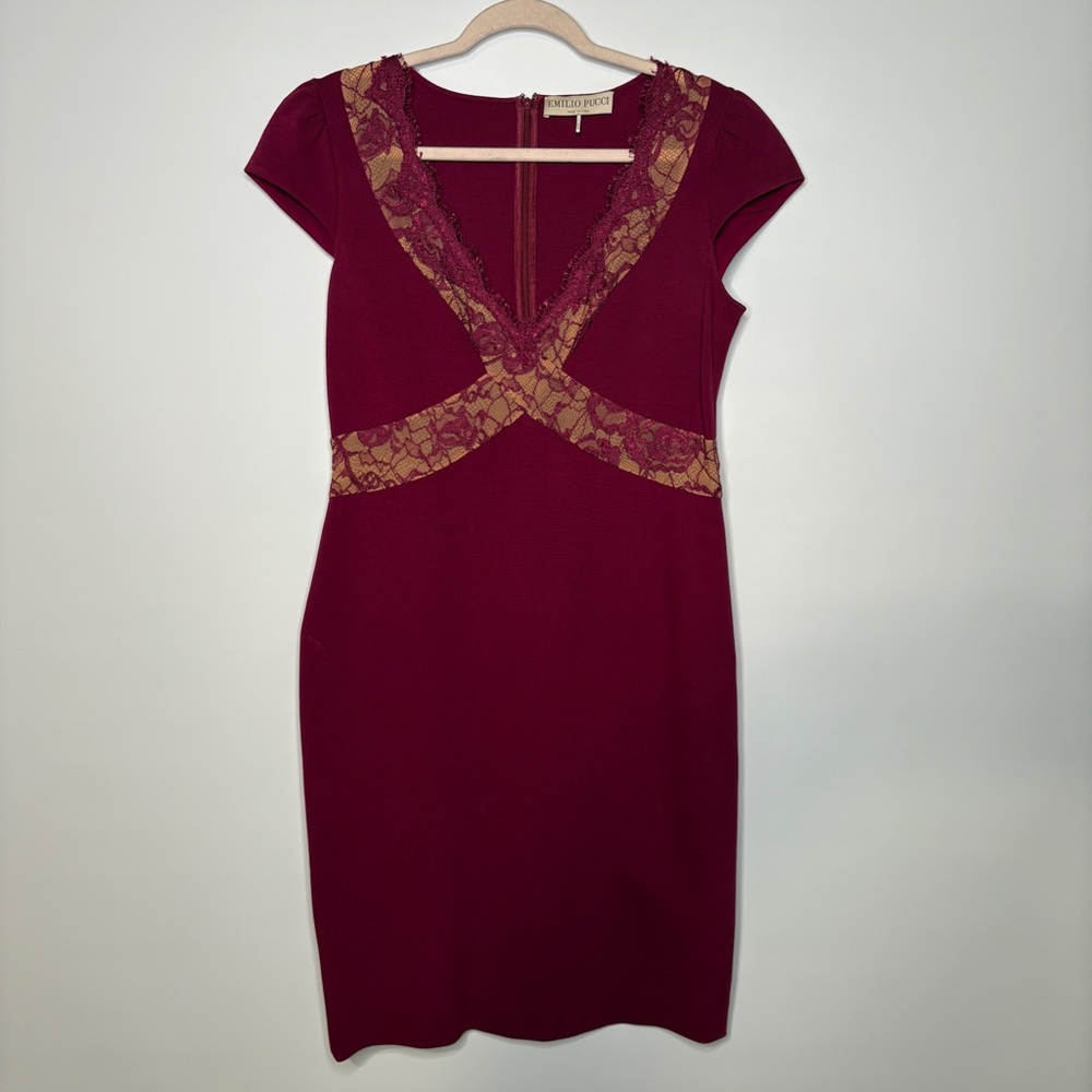 Emilio Pucci Knit Lace X Chest Cap Sleeve Sheath Dress US 12 in Warm Purple-Pink